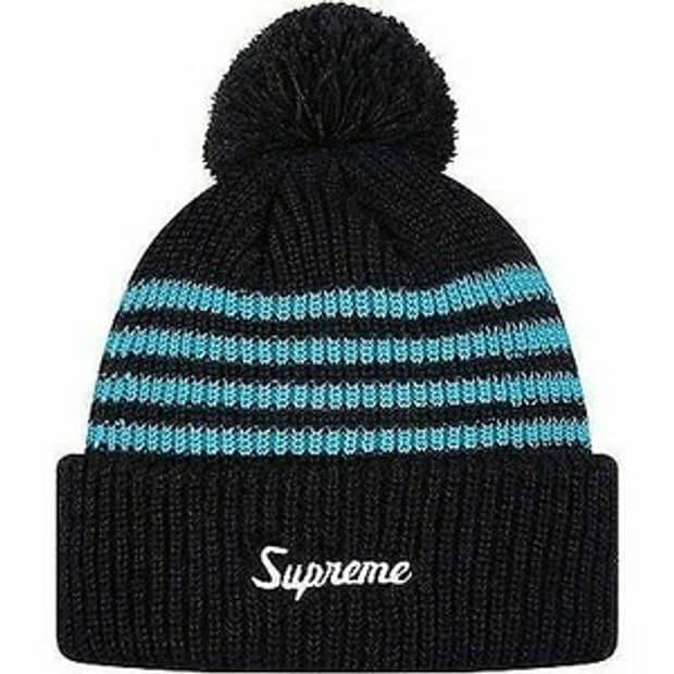 18FW 슈프림 스트라이프 폼폼 비니 블랙블루