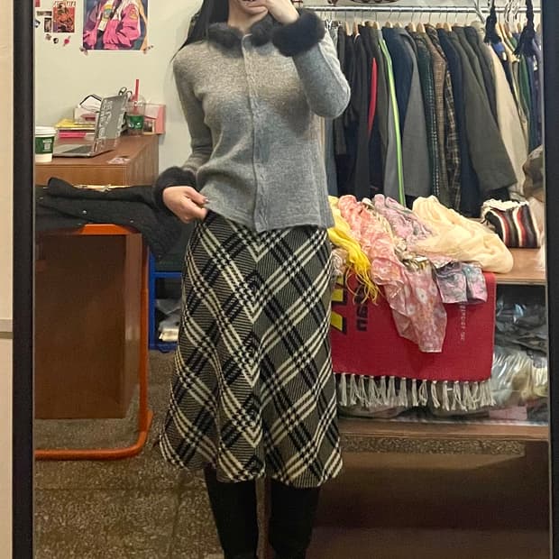 체크 미디 스커트 [무배]