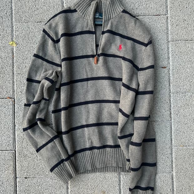 2000s polo 폴로 그레이 스트라이프 반집업 니트