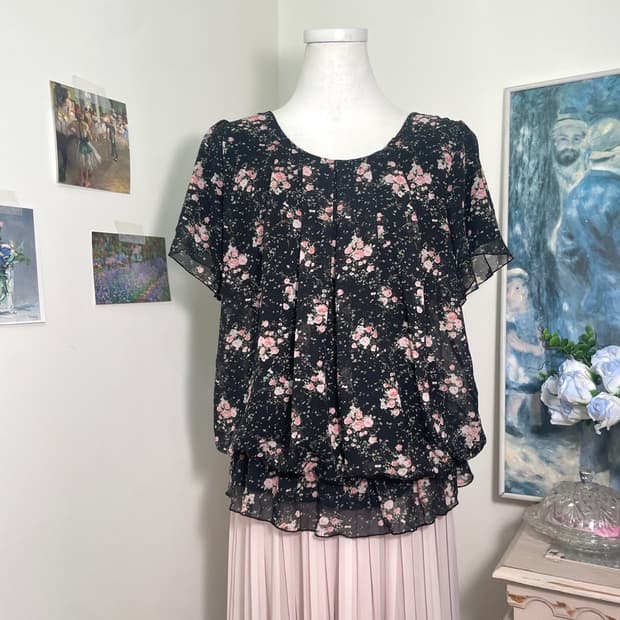 black pink flower puff blouse(size-L)