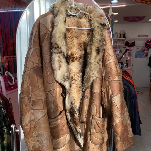 빈티지 패치워크 양모 가죽 코트