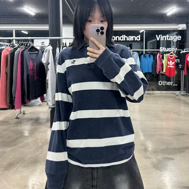 아베크롬비 엔 피치 네이비&화이트 스트라이프 긴팔 럭비티