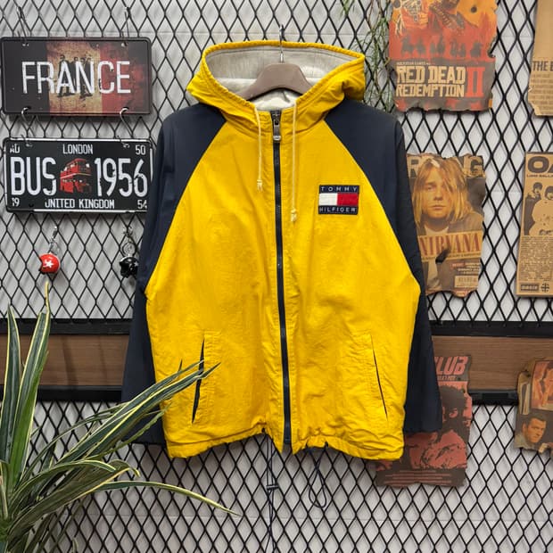 90s 타미힐피거 올드스쿨 나일론 후드집업 옐로 네이비 배색