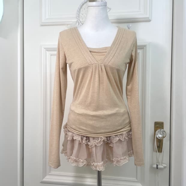 beige glitter v-neck pleats slim knit to