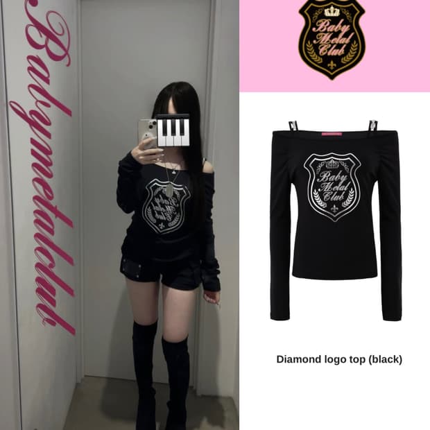 베이비메탈클럽 큐빅 다이아몬드 로고 탑 오프/원숄더 긴팔티 블랙