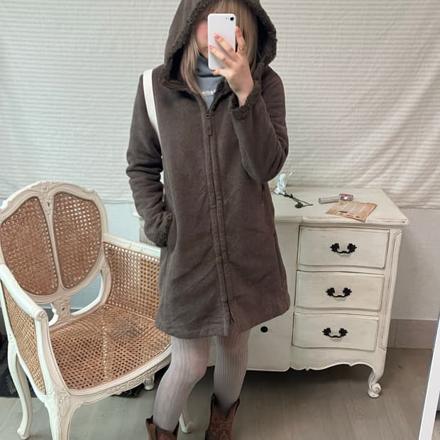 jpn vintage 브라운 헤링본 후드 뽀글이 후드집업