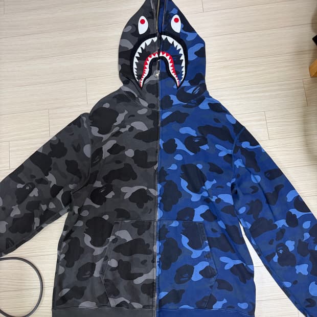 베이프 컬러 카모 세퍼레이트 샤크 풀 집 후드 블랙 네이비