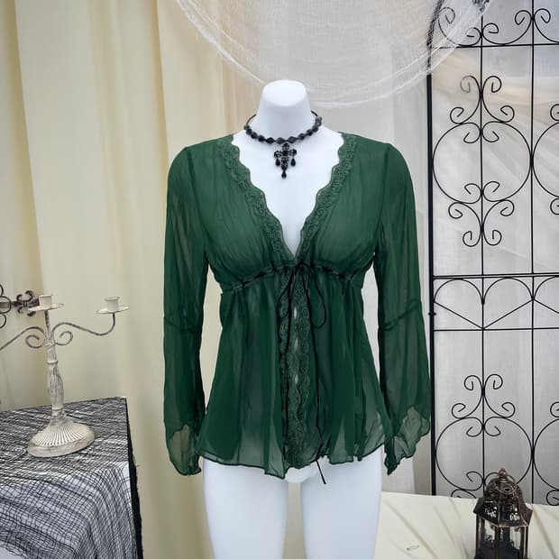 그린 레이스 블라우스