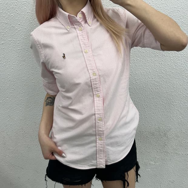 폴로 랄프로렌 옥스포드 딸기우유맛 스트라이프 반팔 셔츠 S