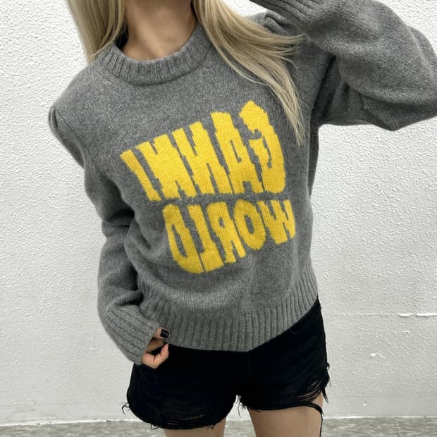 GANNI 센터로고 그레이 숄더 니트 L