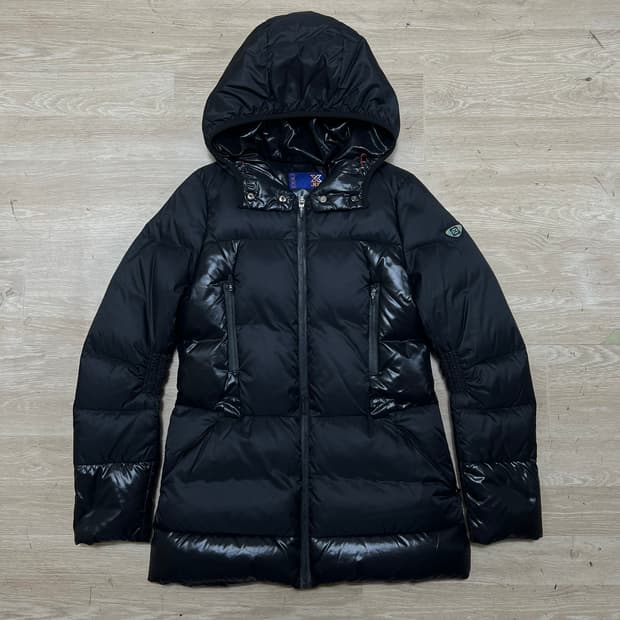 JDX 여성 골프웨어 구스다운 유광 배색 후드 패딩 [블랙] S/90