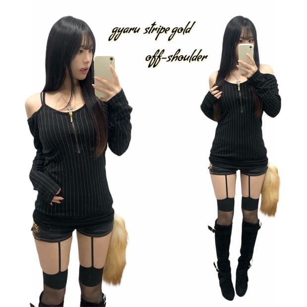 [LA*BUS] 오네갸루 골드 스트라이프 오프숄더 롱슬리브