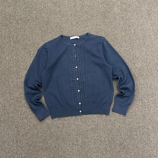 L)Japanese vintage 여성 레이스 자수 디테일 네이비 가디건