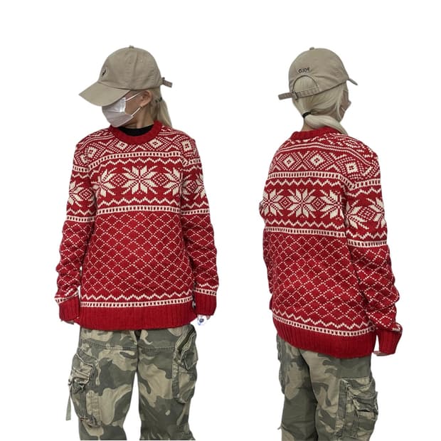 일본 빈티지 레드 노르딕 패턴 니트 XL