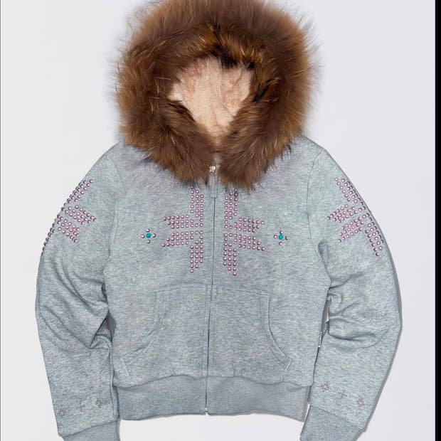 스컬프터 퍼 트리밍 후드집업 멜란지 그레이 M