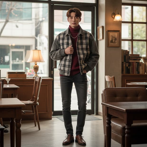 Gran Signore 일본빈티지 90's 체크 모직 블루종 자켓 M