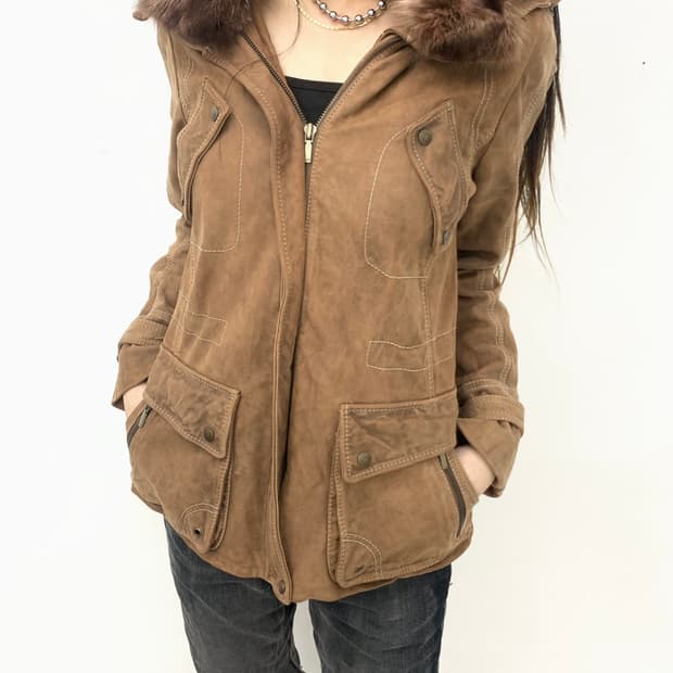 Fox fur trimmed lambskin leather jacket 