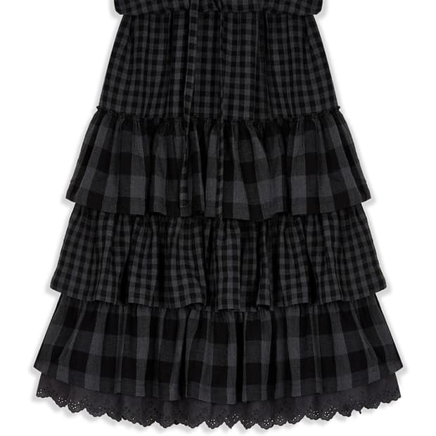 오픈 Yy 롤드 웨이스트 티어드 미디 스커트 블랙