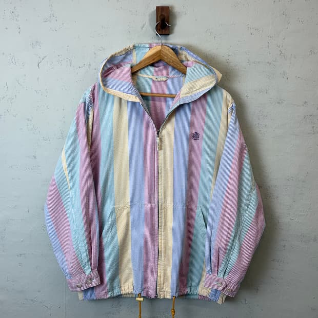 제이프레스 90s 빈티지 스트라이프 시어서커 후드 자켓