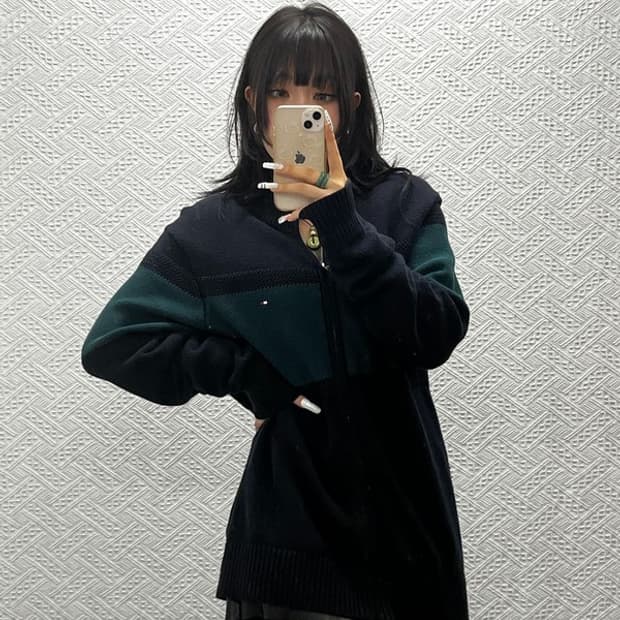 타미힐피거 컨트리 레트로 딥그린 니트 집업 가디건 100 C10860