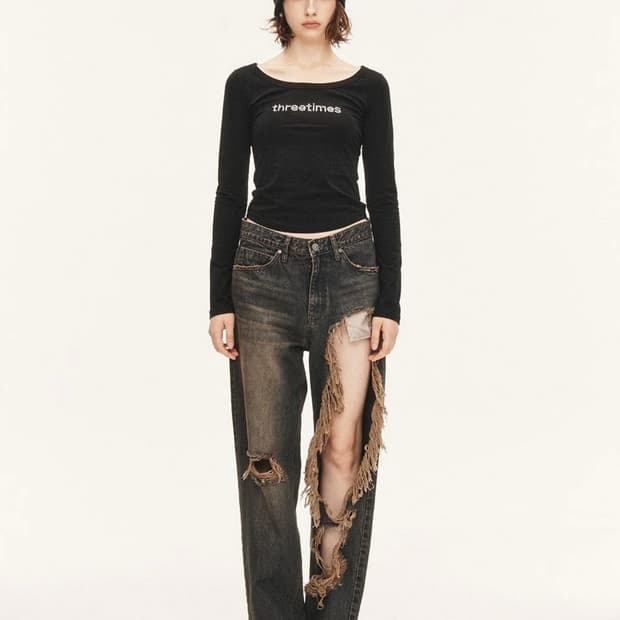 [THREETIMES] Ribbon tab jeans 