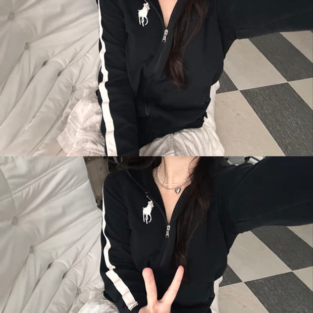 랄프로렌 빅포니 배색 블랙 후드집업 