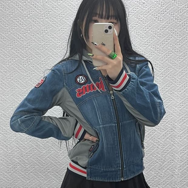 푸부 올드스쿨 레트로 Y2K 패치워크 데님 후드집업 M C08609