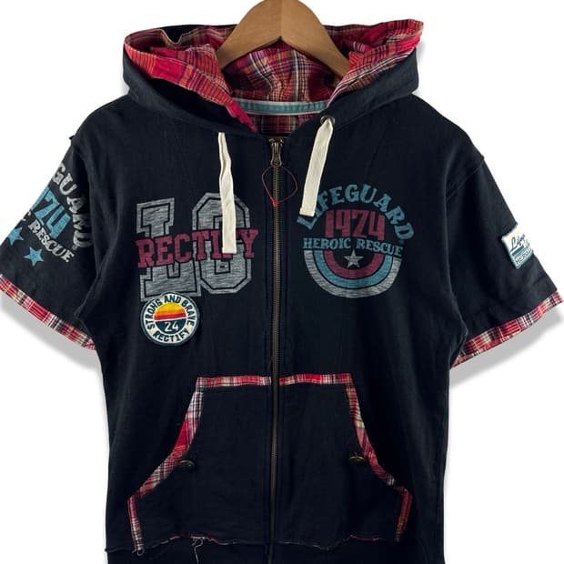 JPN Y2K 체크 탈부착 프린팅 후드집업1810