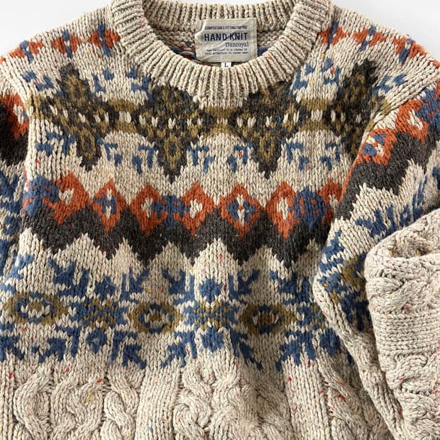 80~90s 빈티지 핸드 니트 페어 아일 케이블 울 스웨터