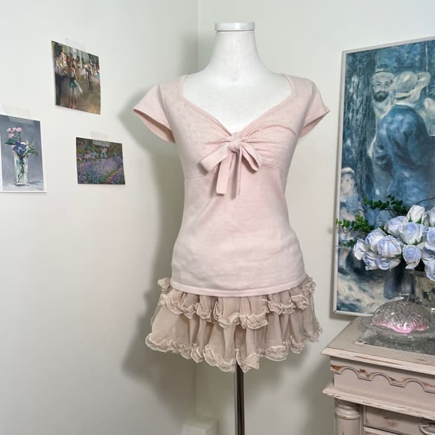 FEROUX milky pink bow crochet knit top