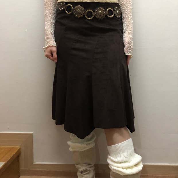 빈티지 브라운 스웨이드 롱 스커트