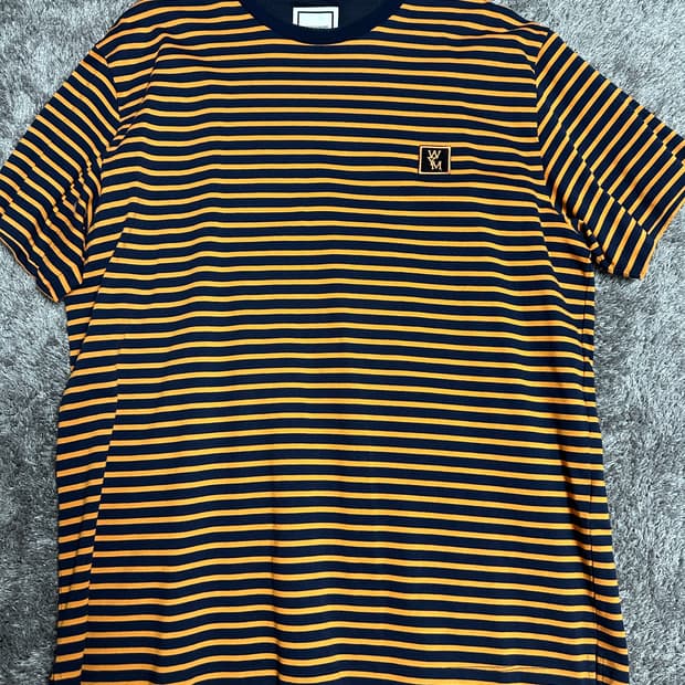 우영미 백로고 반팔 티셔츠 스트라이프 네이비 오렌지 48 사이즈