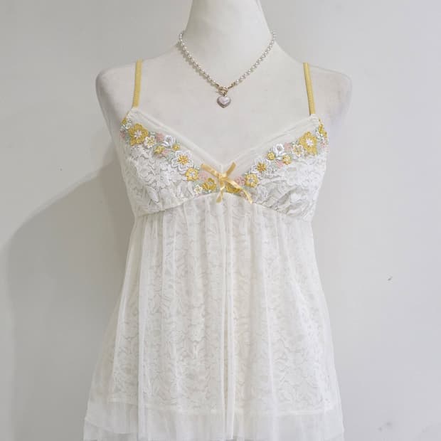 일본빈티지)페어리계 플로럴 리본모리걸 레이스 슬립 레이어드 슬리브리스