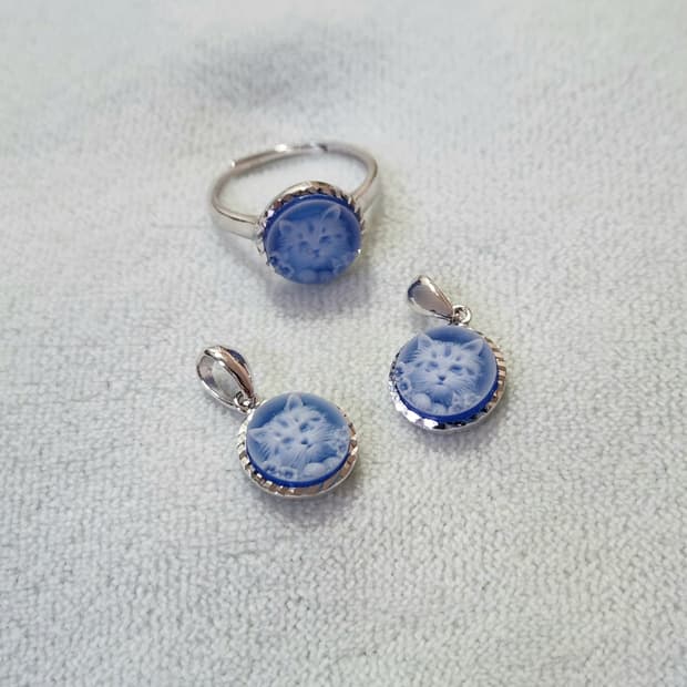 고양이 아게이트 카메오 펜던트, 반지