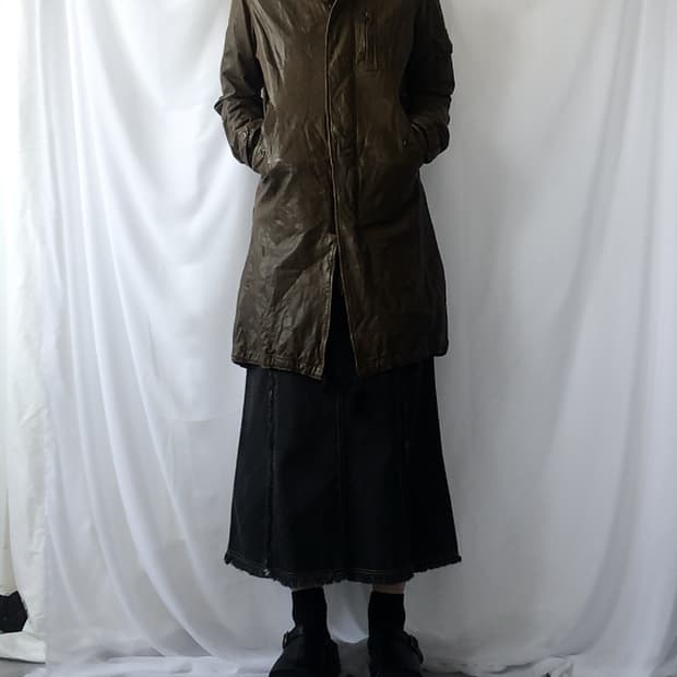 High neck long hood leather jacket