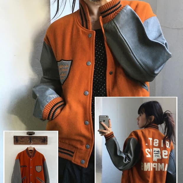 Vintage 오렌지/그레이 배색 레더슬리브 바시티 자켓