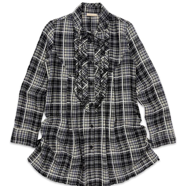 빈티지 sut/eso 블루 체크 프릴 셔링 셔츠 미니 원피스