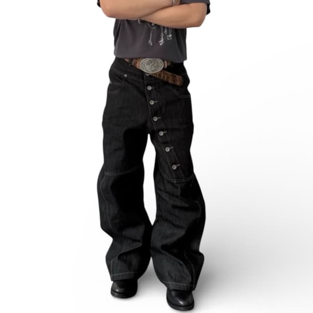 커브드 버튼 데님 팬츠