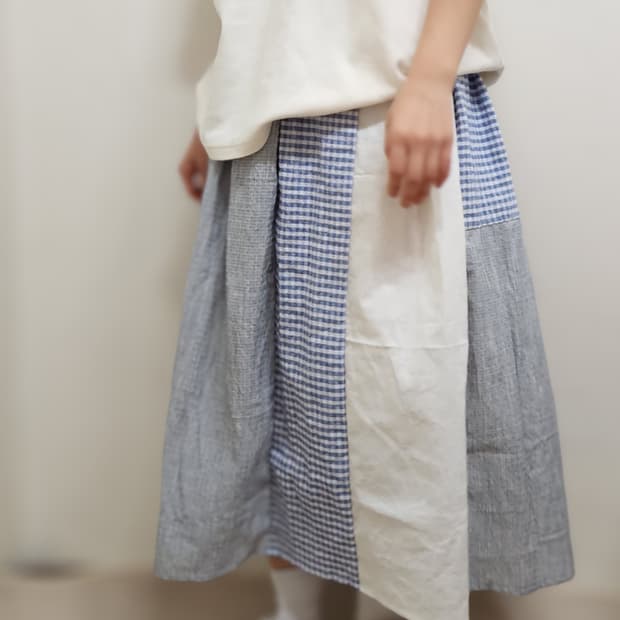 [기장수선가능] 360도 양면 블루 깅엄 체크 패치워크 화이트 롱스커트