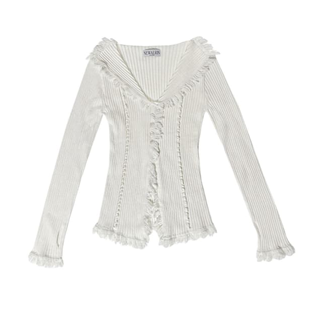 뉴얼린 보헤미안 테슬 라인 니트 가디건 아이보리 
