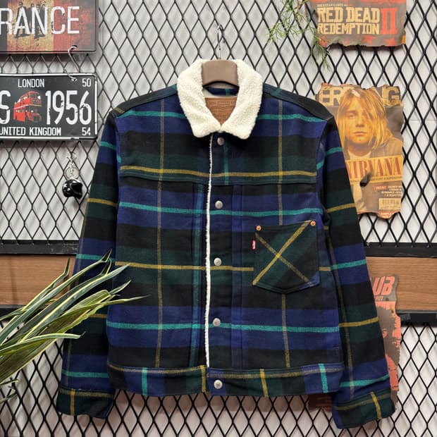 리바이스 타입 3 프리미엄 체크 쉐르파 트러커 자켓 네이비