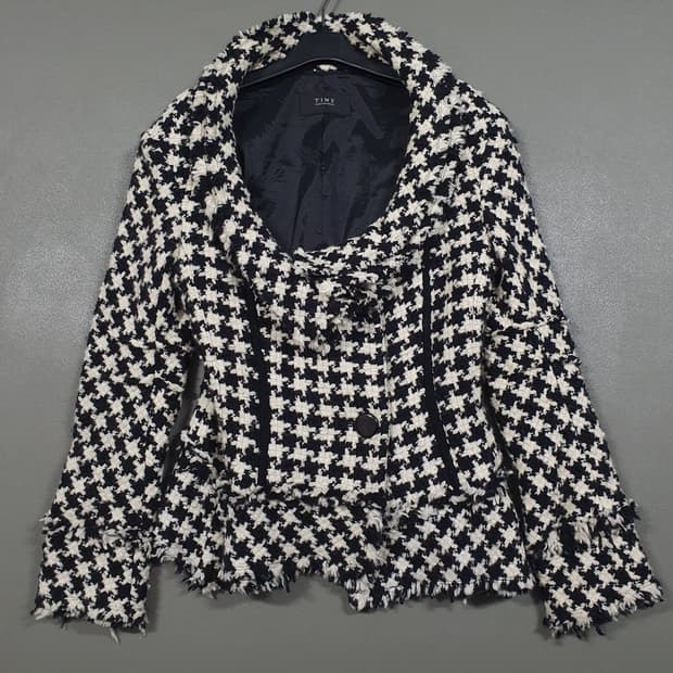TIME 타임 한섬 라운드체크 넥 디테일 트위드 자켓 버튼 코트 S