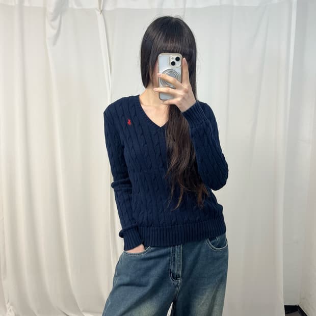 Polo Navy V-Neck Cable Knit