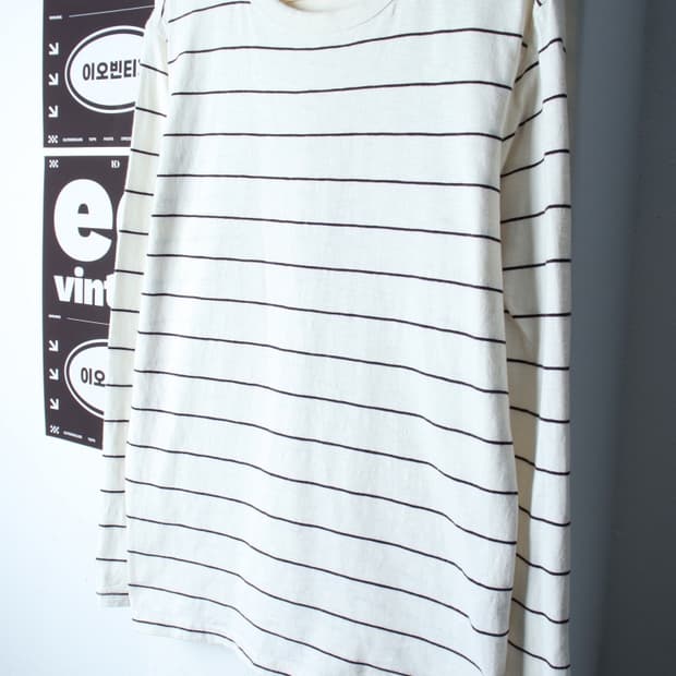 (L-XL) 지오다노 긴팔티셔츠 스트라이프 단가라 아이보리-H32954