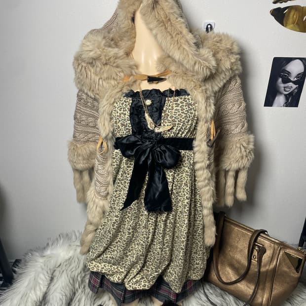 빈티지 갸루 래빗퍼케이프 호피 원피스 세트