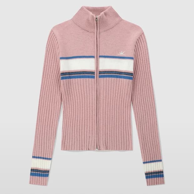 썬러브 스트라이프 집업 니트 가디건 핑크