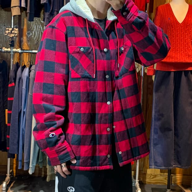 XL 챔피온 빅스펠링 타탄체크 쉐르파 후디 레이어링 자켓