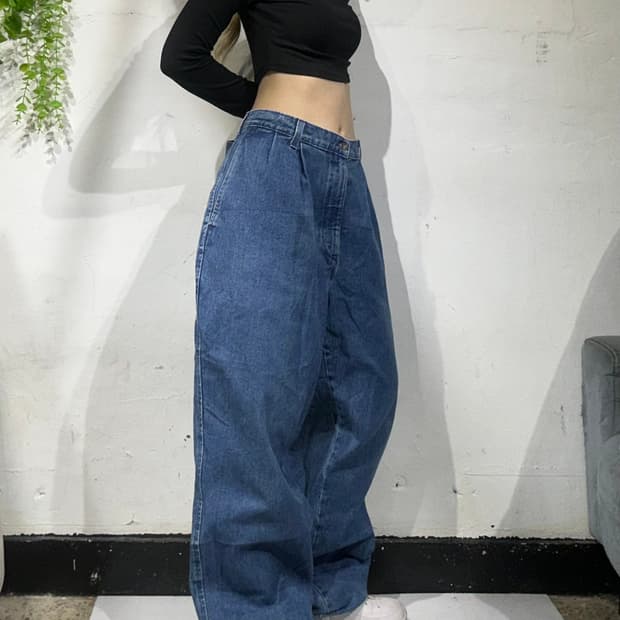 90s 중청 도커스 와이드 핀턱 힙합 데님 팬츠 청바지 