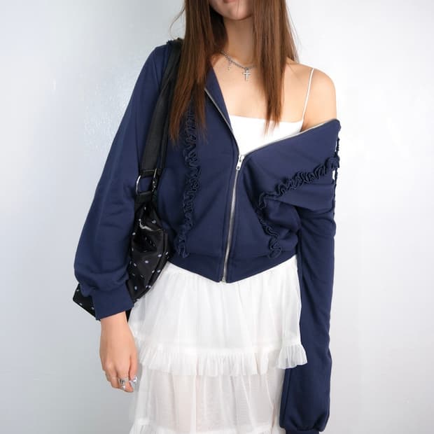 구해요!) 루즈슬립오버 Frill Logo Hoodie Zip-UP NA