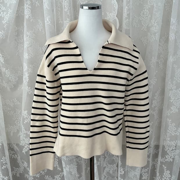 XS) 아르켓 오픈 카라 스트라이프 니트 아이보리